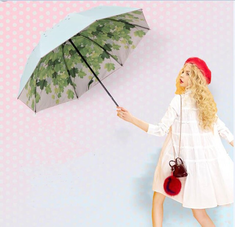 SudaTek Green Leaf Tree Folding Travel Sun Umbrella Sunblock UV Protection UPF 50+ Rain Resistant Compact Size Parasol Fold into Purse (Blue) - Image 3